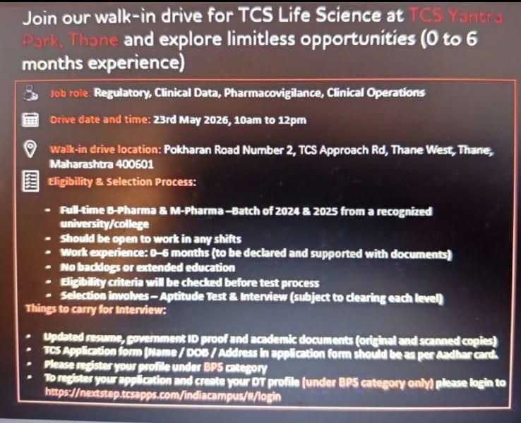 TCS Life Science Walk-In Drive for Freshers | Regulatory, Clinical Data & Pharmacovigilance Jobs on 23rd May 2026