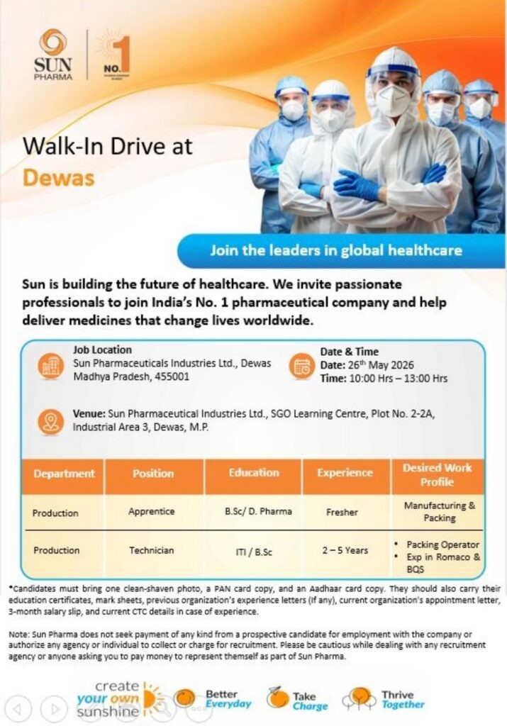 Sun Pharma Walk-In Interview for Production Apprentice and Technician Jobs in Dewas on 26th May 2026