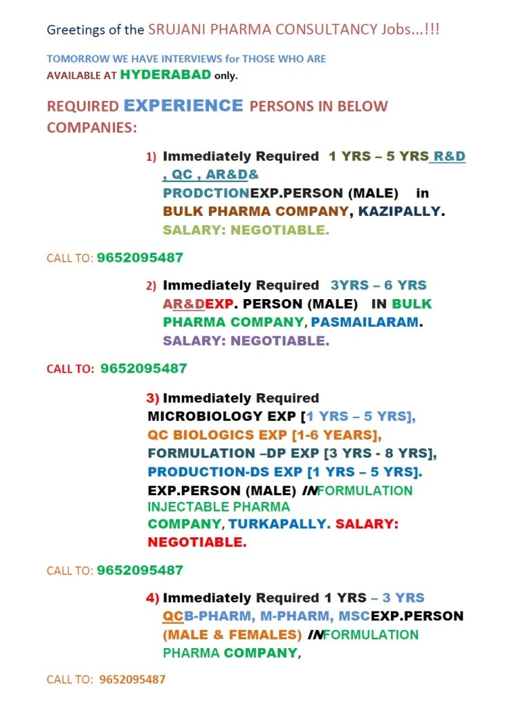SRUJANI Pharma Consultancy Jobs | QC, AR&D, Production & Injectable Pharma Openings in Hyderabad on 24th of May, 2026