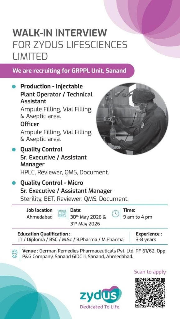 Zydus Lifesciences Walk-In Interview for Production & Quality Control Roles in Ahmedabad on 30th May 2026 & 31st May 2026