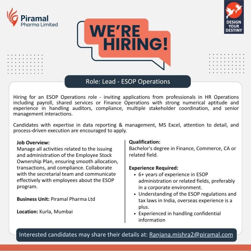 Lead – ESOP Operations Job Opening at Piramal Pharma Limited | Pharmaceutical Careers in India