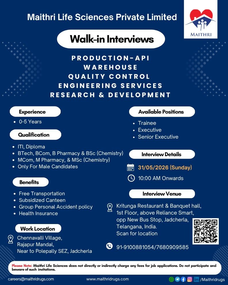 Maithri Life Sciences Walk-in Interview for Production, QC, QA, Warehouse, Engineering & R&D Roles on 31 May 2026 (Sunday)
