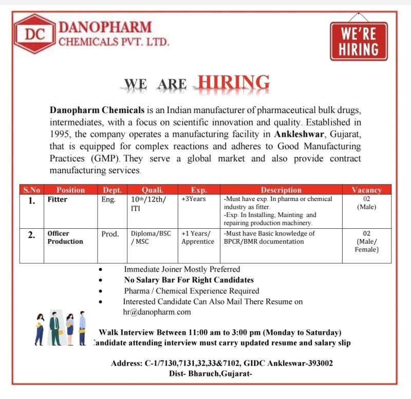 Danopharm Chemicals Pvt. Ltd. Hiring – Walk-In Interview for Fitter and Officer Production Roles in Gujarat