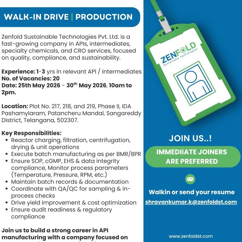 Walk-In Drive for Production Jobs at Zenfold Sustainable Technologies Pvt. Ltd. on 25th May 2026 – 30th May 2026