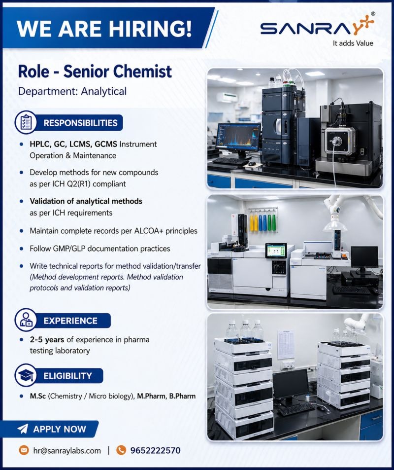 Senior Chemist – Analytical Jobs at SANRAY | Pharma Jobs in India
