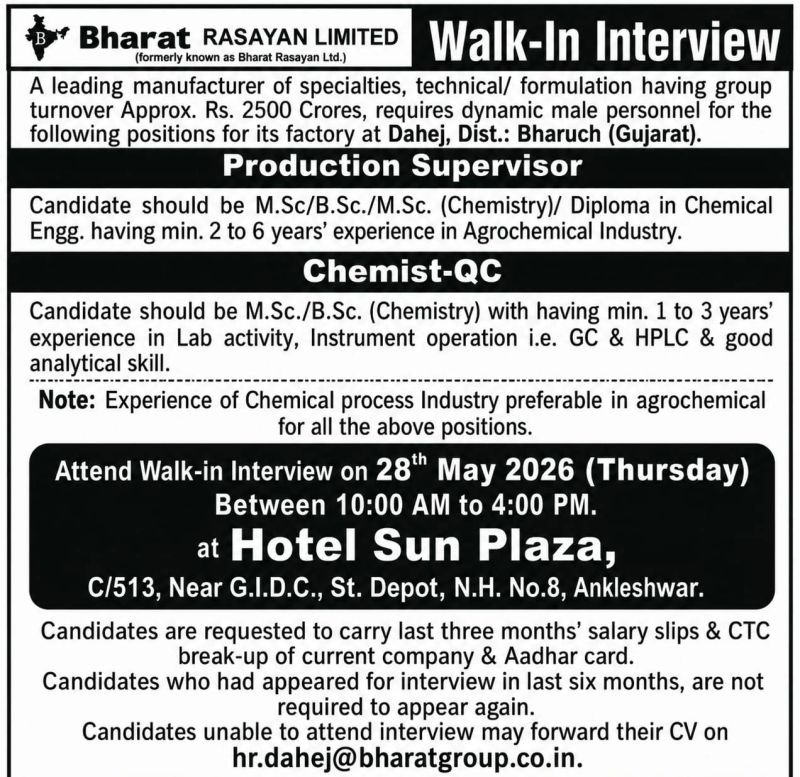 Production Supervisor & Chemist-QC Jobs at Bharat Rasayan Limited – Walk-In Interview on 28th May 2026