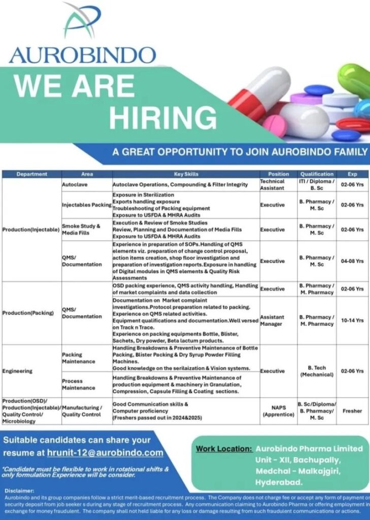 Aurobindo Pharma Hiring 2026 – Production, QC, Engineering & QMS Jobs in Hyderabad