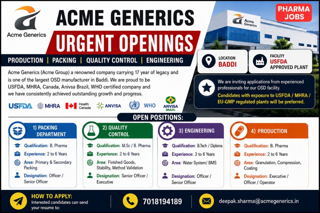 Acme Generics Recruitment 2026 – Production, Packing, QC & Engineering Pharma Jobs in Baddi