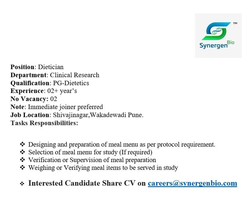 Synergen Bio Hiring Dietician for Clinical Research Department in Pune | Pharma Jobs