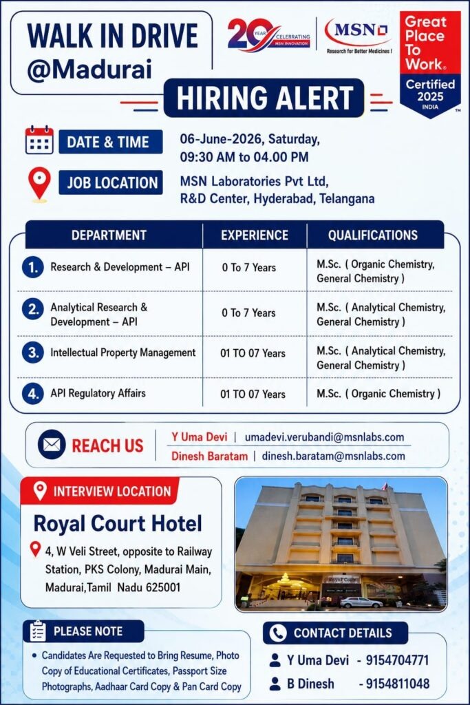 MSN Laboratories Walk-In Drive in Madurai for R&D, AR&D, IPM & Regulatory Affairs Roles on 06 June 2026 (Saturday)