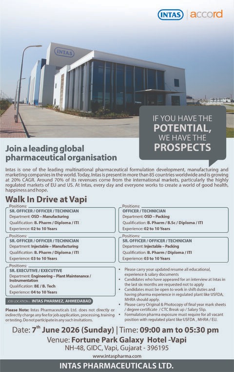 Intas Pharmaceuticals Walk-In Interview for Manufacturing, Packing & Engineering Roles at Ahmedabad on 7th June 2026 (Sunday)