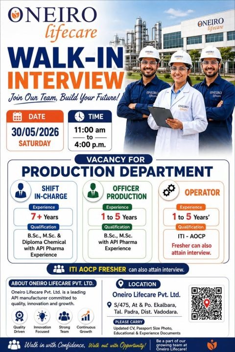 NEIRO Lifecare Walk-In Interview for Production Department | API Pharma Jobs in Vadodara on 30 May 2026 (Saturday)