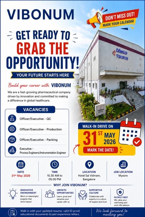 Vibonum Walk-In Interview for QC, Production, Packing & Engineering Roles in Mysore on 31st May 2026