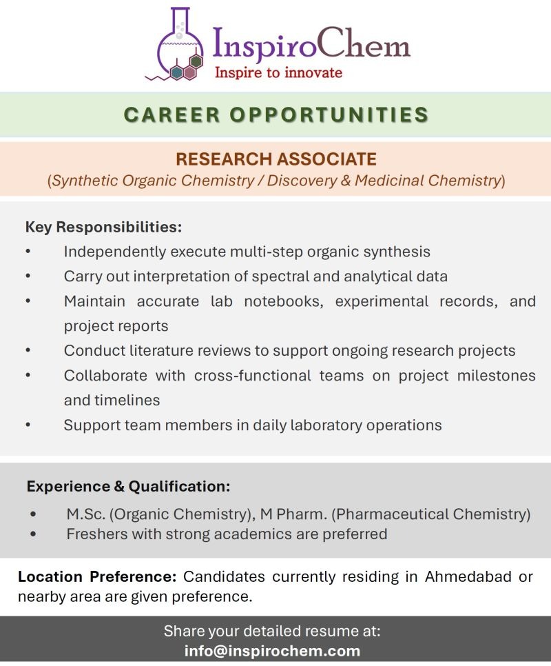 InspiroChem Hiring Research Associate – Organic Chemistry & Medicinal Chemistry Jobs in Ahmedabad