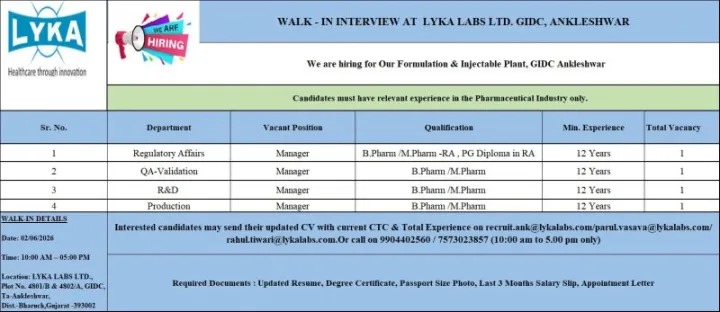 Lyka Labs Walk-In Interview for Regulatory Affairs, QA Validation, R&D & Production Manager Jobs in Ankleshwar on 02 June 2026