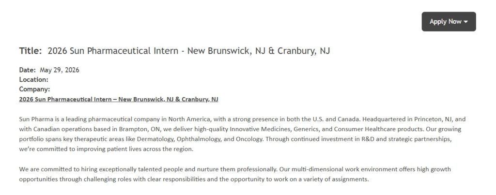 Sun Pharmaceutical Intern – New Brunswick, NJ & Cranbury, NJ | Apply Now