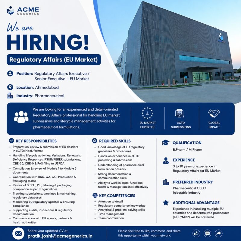 ACME Generics Hiring Regulatory Affairs Executive/Senior Executive (EU Market) – Pharma Jobs in Ahmedabad