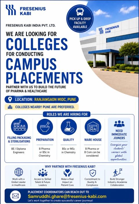 Fresenius Kabi India Campus Placement Drive  | Pharma Jobs in Pune for BE, Diploma, B Pharma, BSc & MSc Graduates