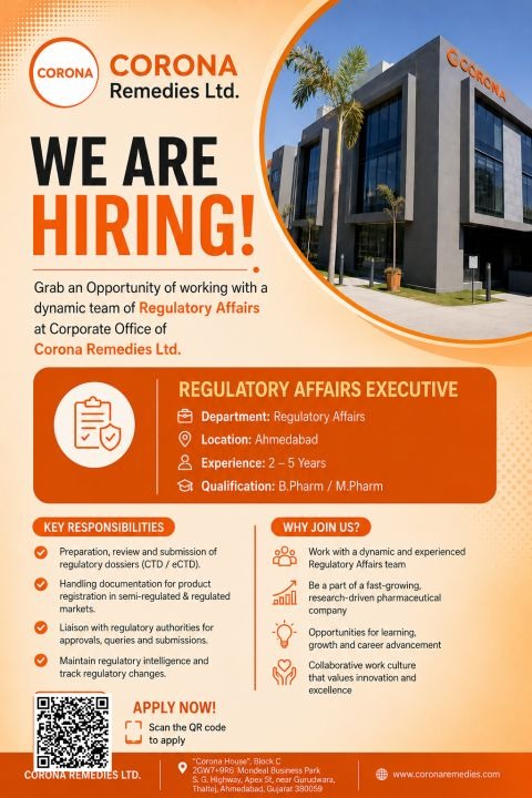 Regulatory Affairs Executive Jobs in Ahmedabad | Corona Remedies Ltd. Hiring B.Pharm & M.Pharm Professionals
