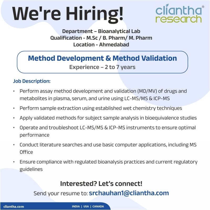 Cliantha Research Hiring for Bioanalytical Lab Professionals in Ahmedabad | M.Sc, B.Pharm & M.Pharm Jobs