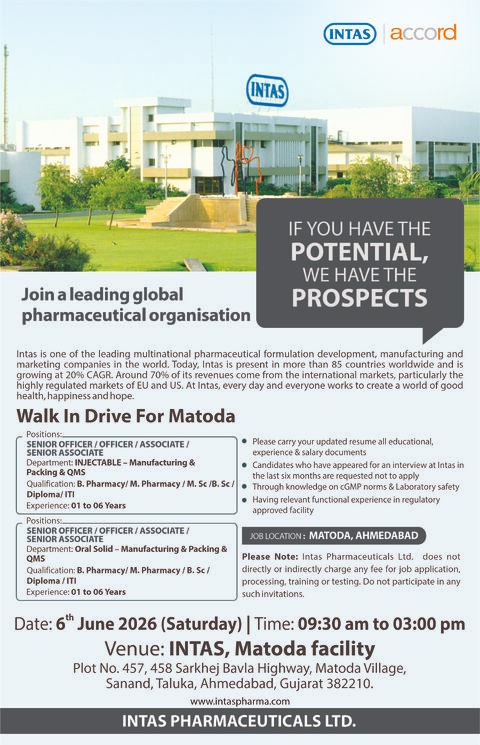 Intas Pharmaceuticals Walk-In Interview for Manufacturing, Packing & QMS Roles in Ahmedabad on 6th June 2026 (Saturday)