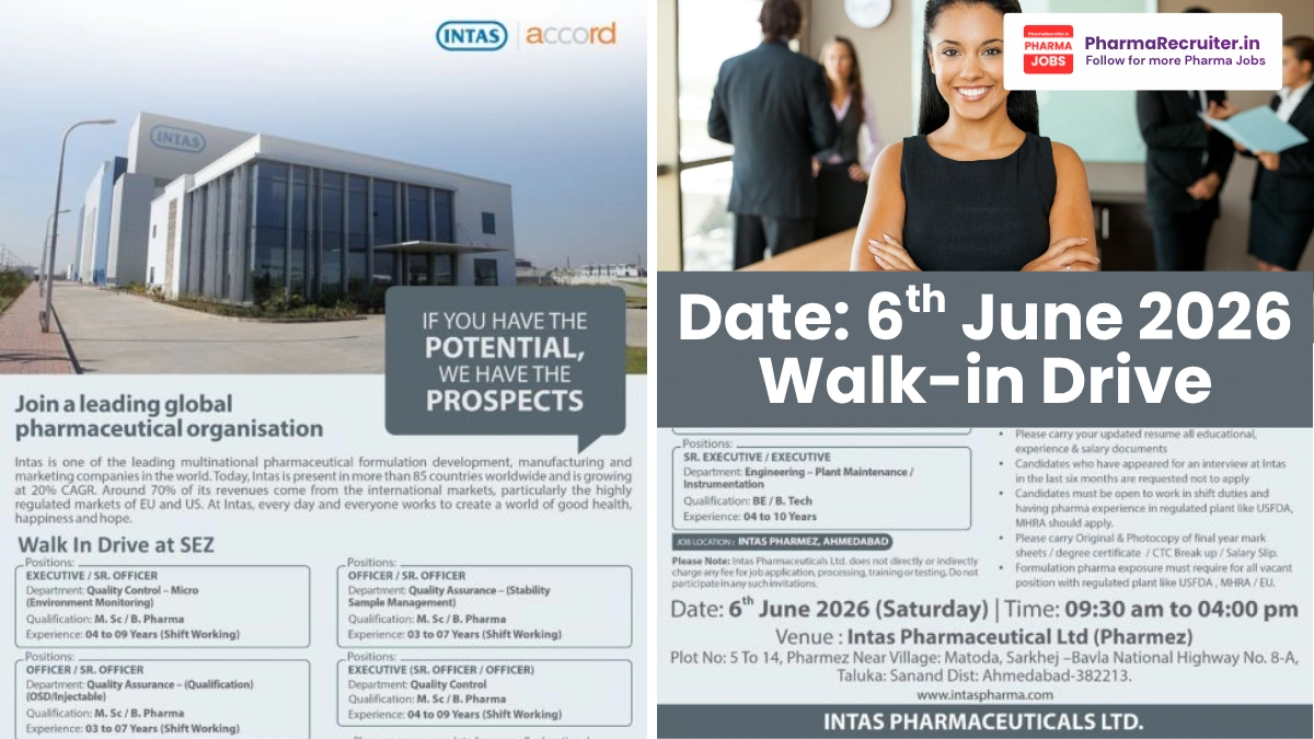 Intas Pharmaceuticals Walk-in Drive 2026 – Multiple Openings in QC, QA & Engineering at Ahmedabad