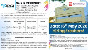 Ipca Laboratories Walk-In Interview for 16th May 2026