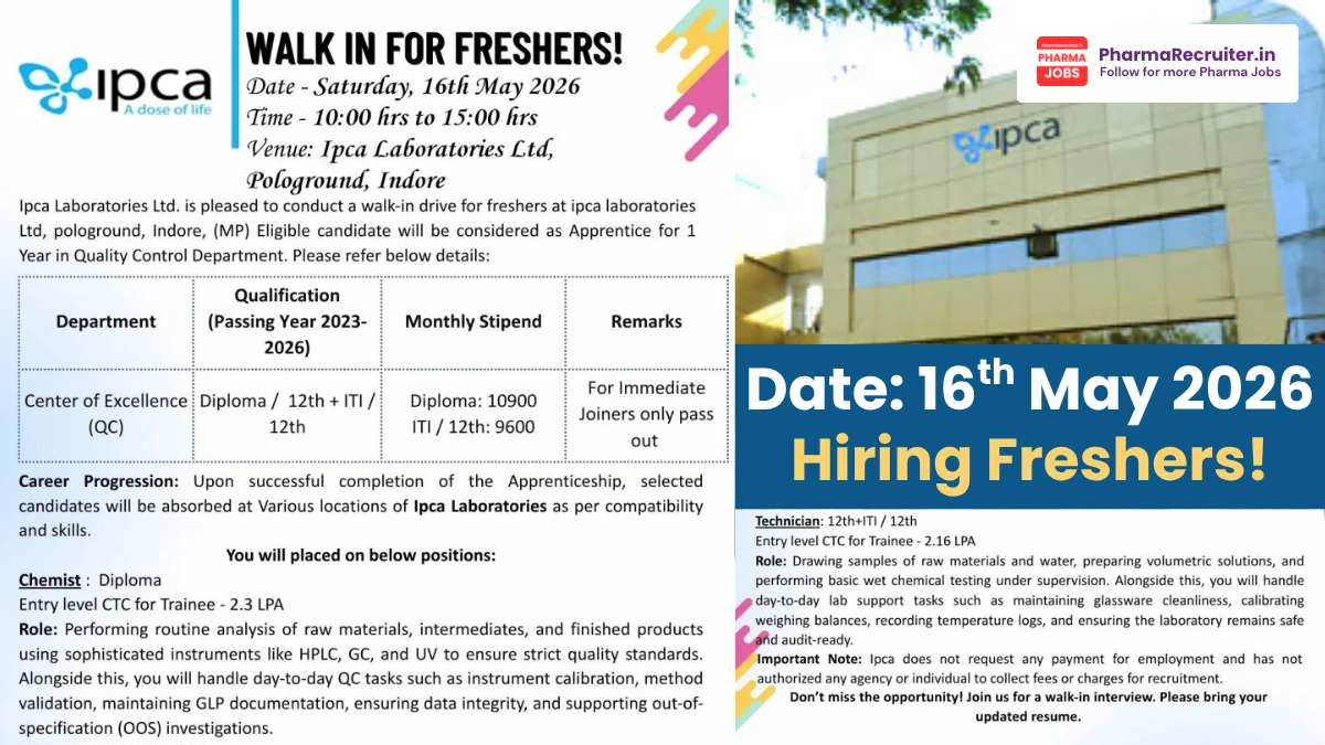Ipca Laboratories Walk-In Interview for 16th May 2026