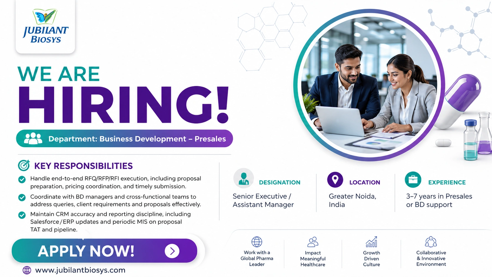 Business Development – Presales Jobs at Jubilant Biosys | Senior Executive / Assistant Manager | Greater Noida
