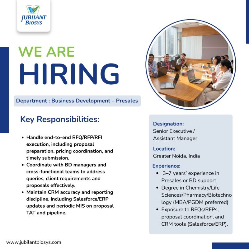Business Development – Presales Jobs at Jubilant Biosys | Senior Executive / Assistant Manager | Greater Noida