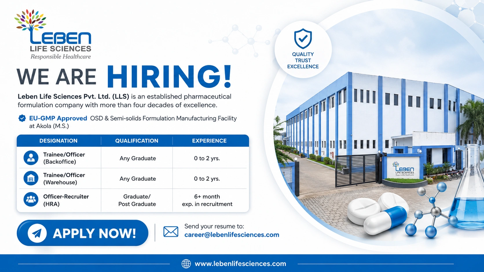 Leben Life Sciences Recruitment 2026: Pharma Jobs for Trainee, Warehouse & HRA Roles in Akola