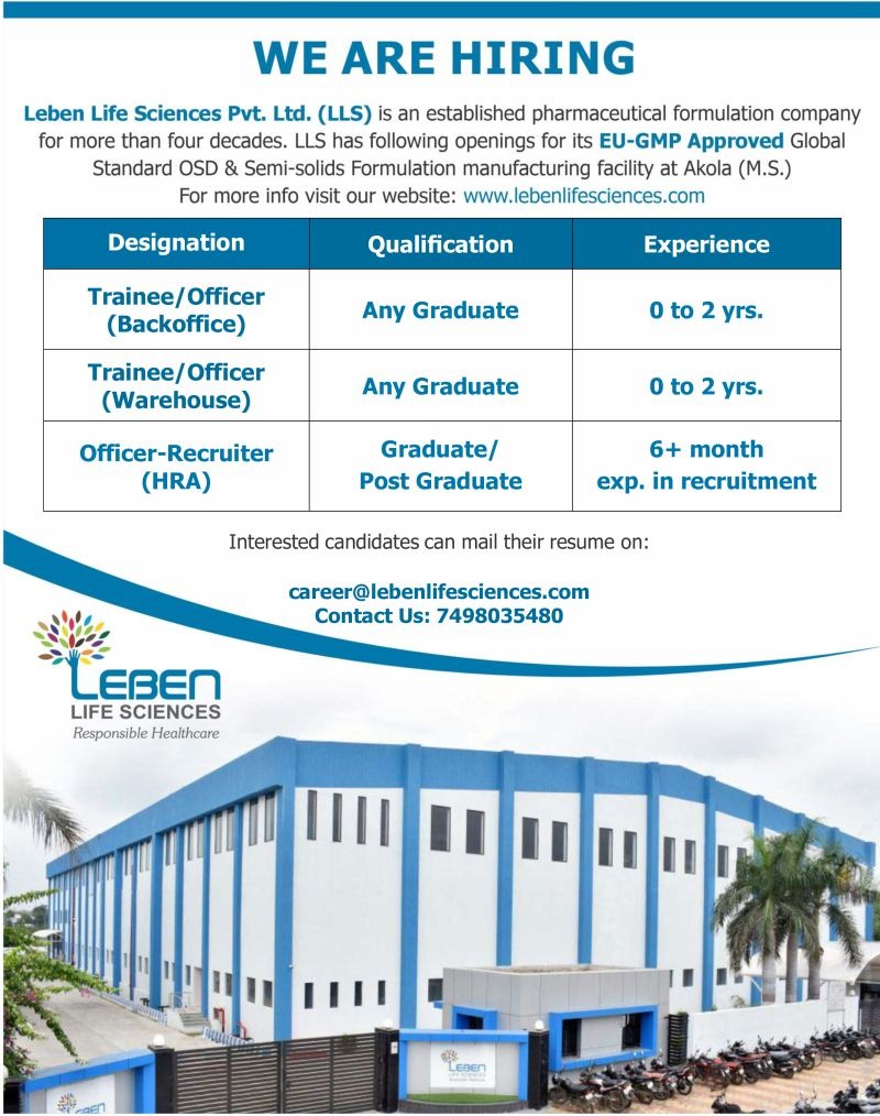 Leben Life Sciences Recruitment 2026: Pharma Jobs for Trainee, Warehouse & HRA Roles in Akola