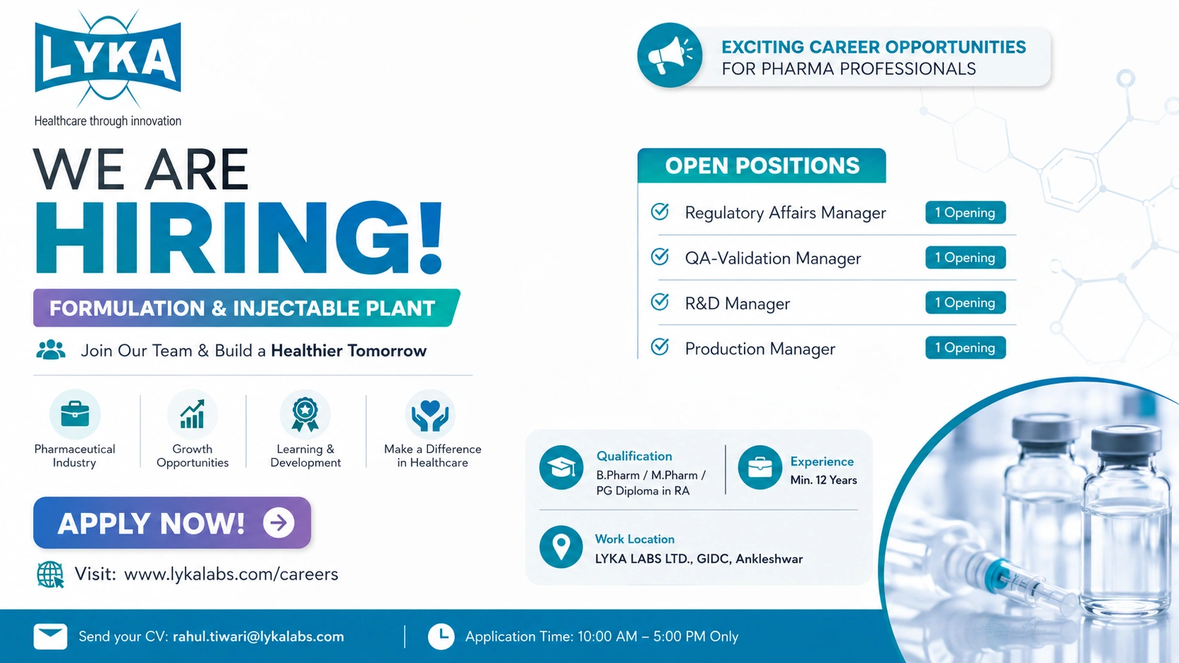 Lyka Labs Walk-In Interview for Regulatory Affairs, QA Validation, R&D & Production Manager Jobs in Ankleshwar on 02 June 2026