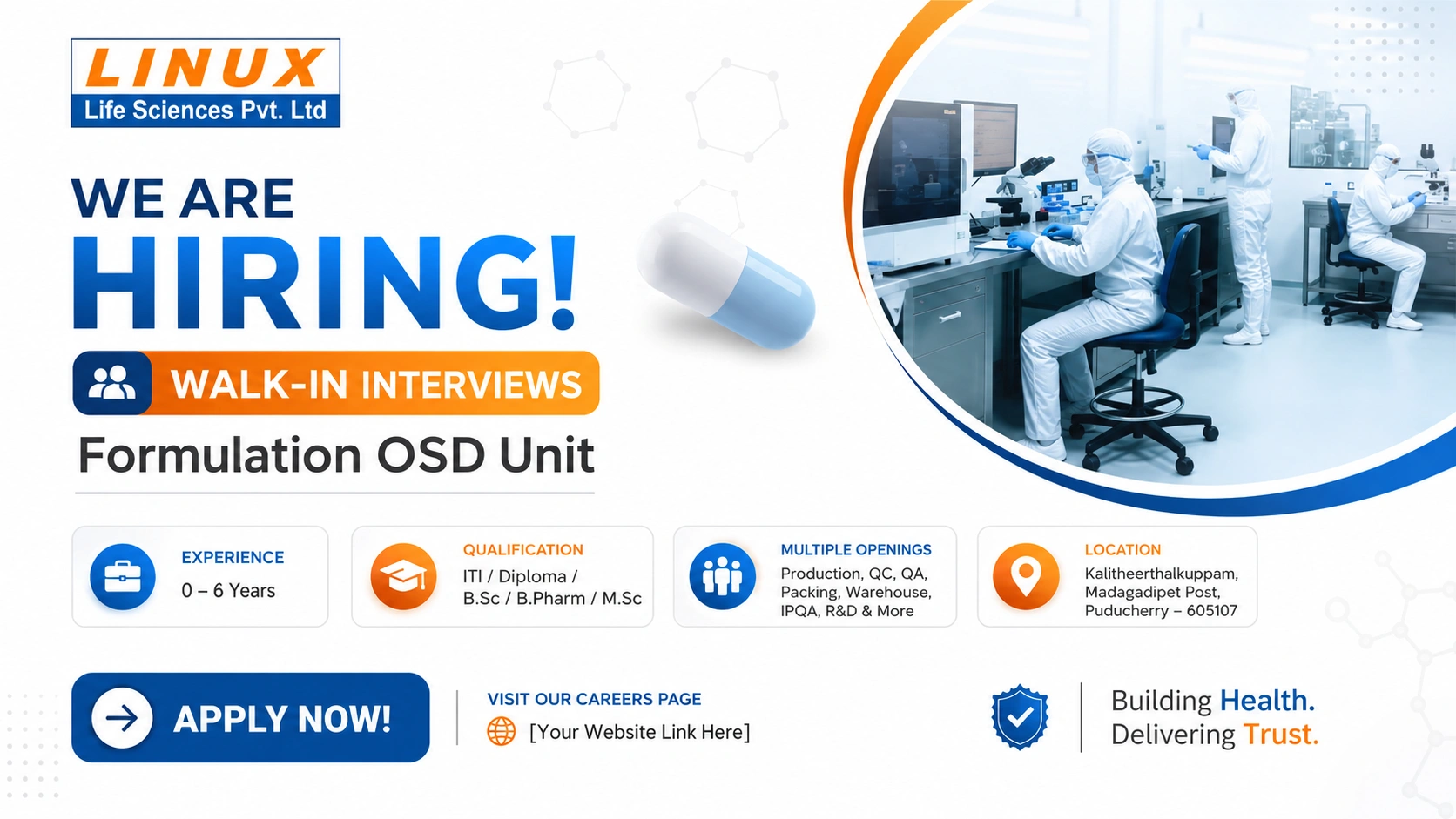 LINUX Life Sciences Pvt. Ltd Walk-In Interview for QA, QC, Production & Warehouse Roles in Puducherry on 15-05-2026 to 16-05-2026