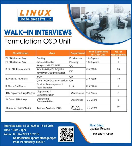 LINUX Life Sciences Pvt. Ltd Walk-In Interview for QA, QC, Production & Warehouse Roles in Puducherry on 15-05-2026 to 16-05-2026