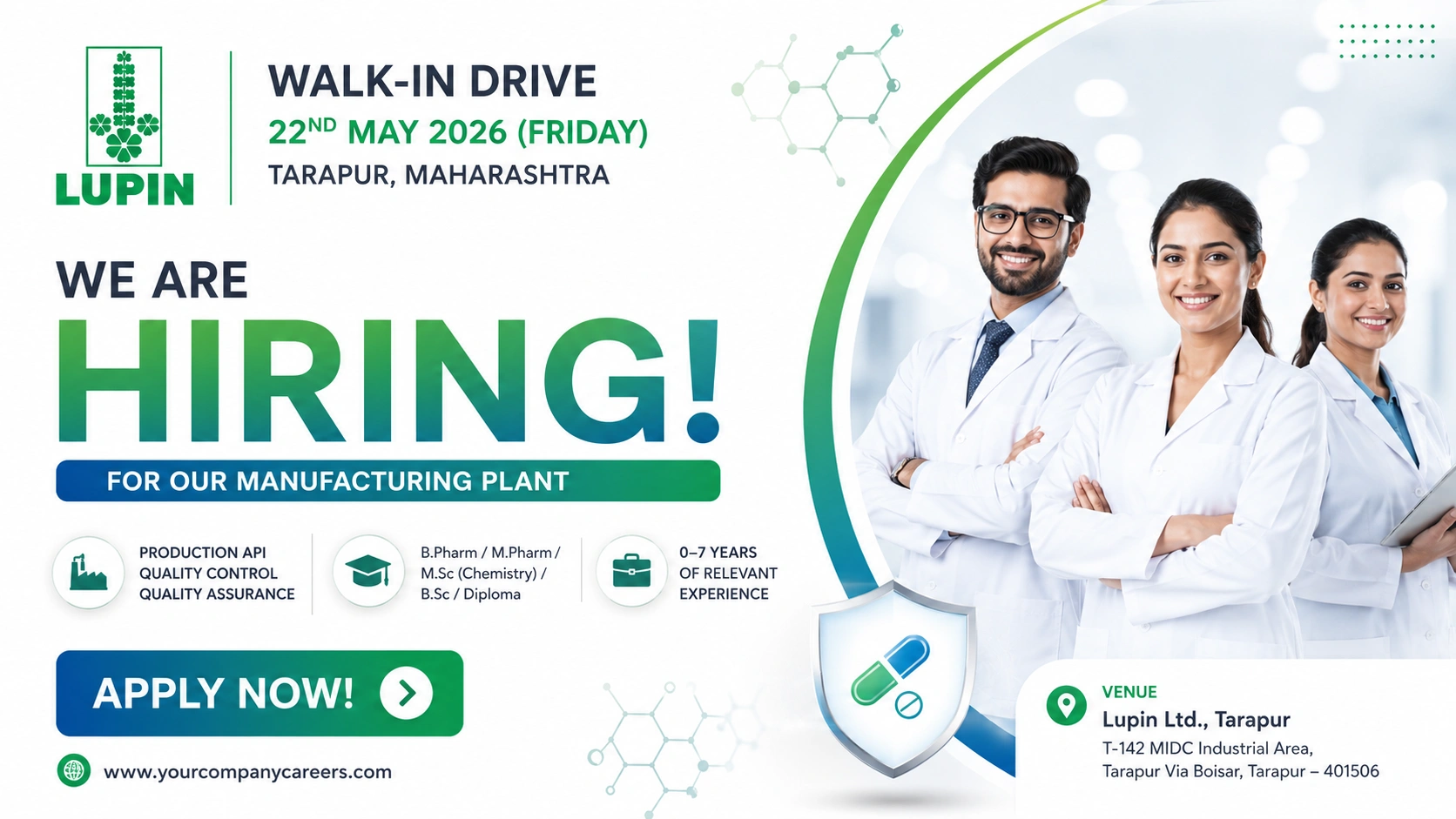 LUPIN Walk-In Drive for Production, QA & QC Jobs at Tarapur Manufacturing Plant on 22nd May 2026 (Friday)
