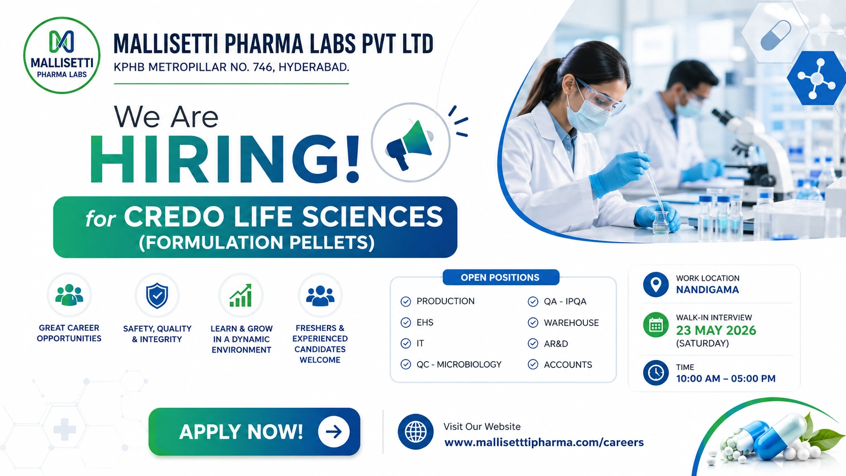 CREDO Life Sciences Walk-In Interview for Production, QA, QC, EHS & IT Roles in Nandigama on 23 May 2026 (Saturday)