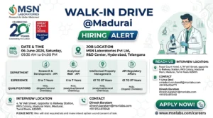 Walk-In Interview for R&D, AR&D, IPM & Regulatory Affairs at MSN Laboratories – Pharma Jobs in Hyderabad on 06 June 2026 (Saturday)