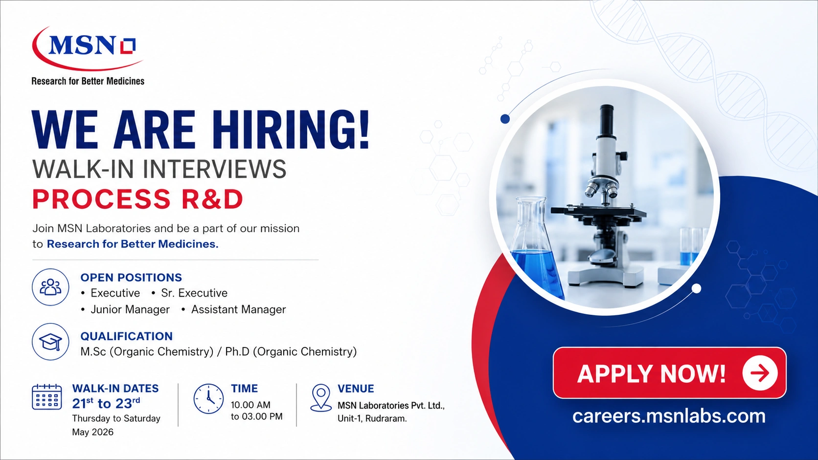 MSN Laboratories Walk-In Interview for Process R&D | Pharma Jobs in Hyderabad on 21st to 23rd May 2026 (Thursday to Saturday)
