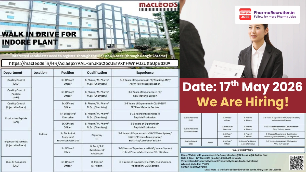 Macleods Pharmaceuticals Walk-In Drive in Quality Control, Production, Quality Assurance, and Engineering Departments on 17th May 2026