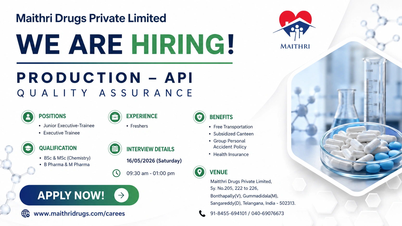 Production & Quality Assurance Jobs for Freshers at Maithri Drugs Private Limited – Walk-in Interview on 16 May 2026