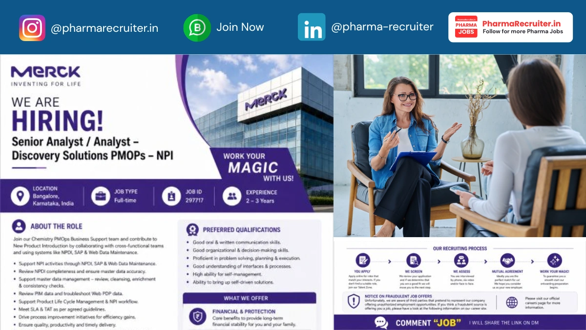 Merck Hiring Senior Analyst & Analyst - Discovery Solutions PMOps - NPI in Bangalore