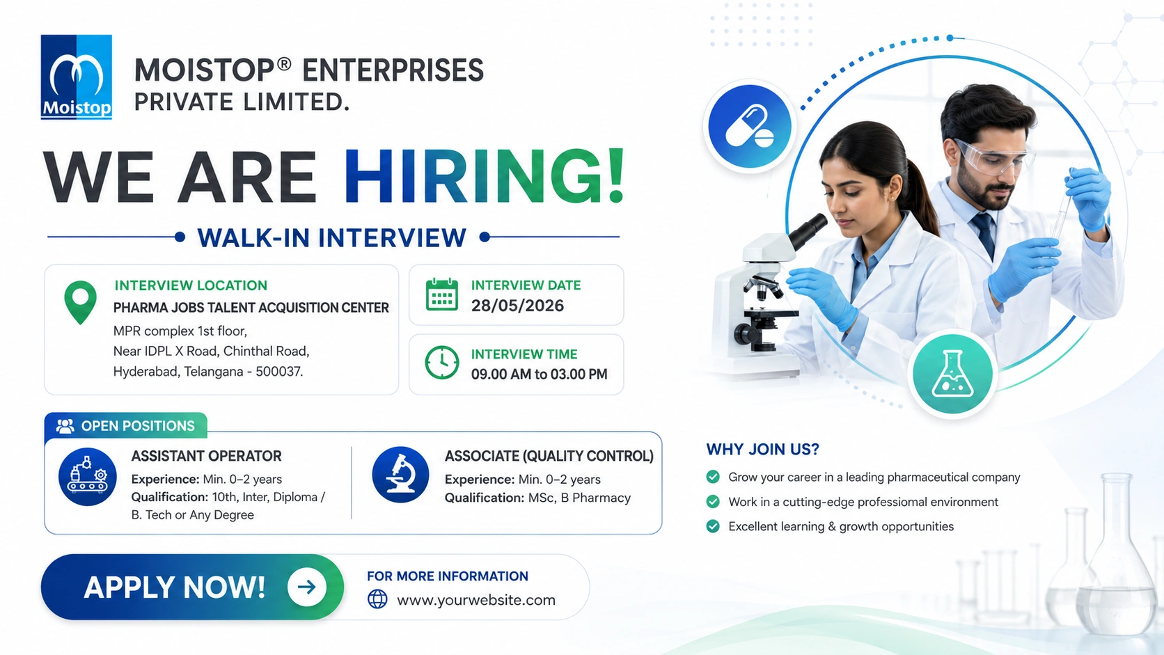 Moistop Enterprises Walk-In Interview for Production & Quality Control Jobs in Hyderabad on 28 May 2026