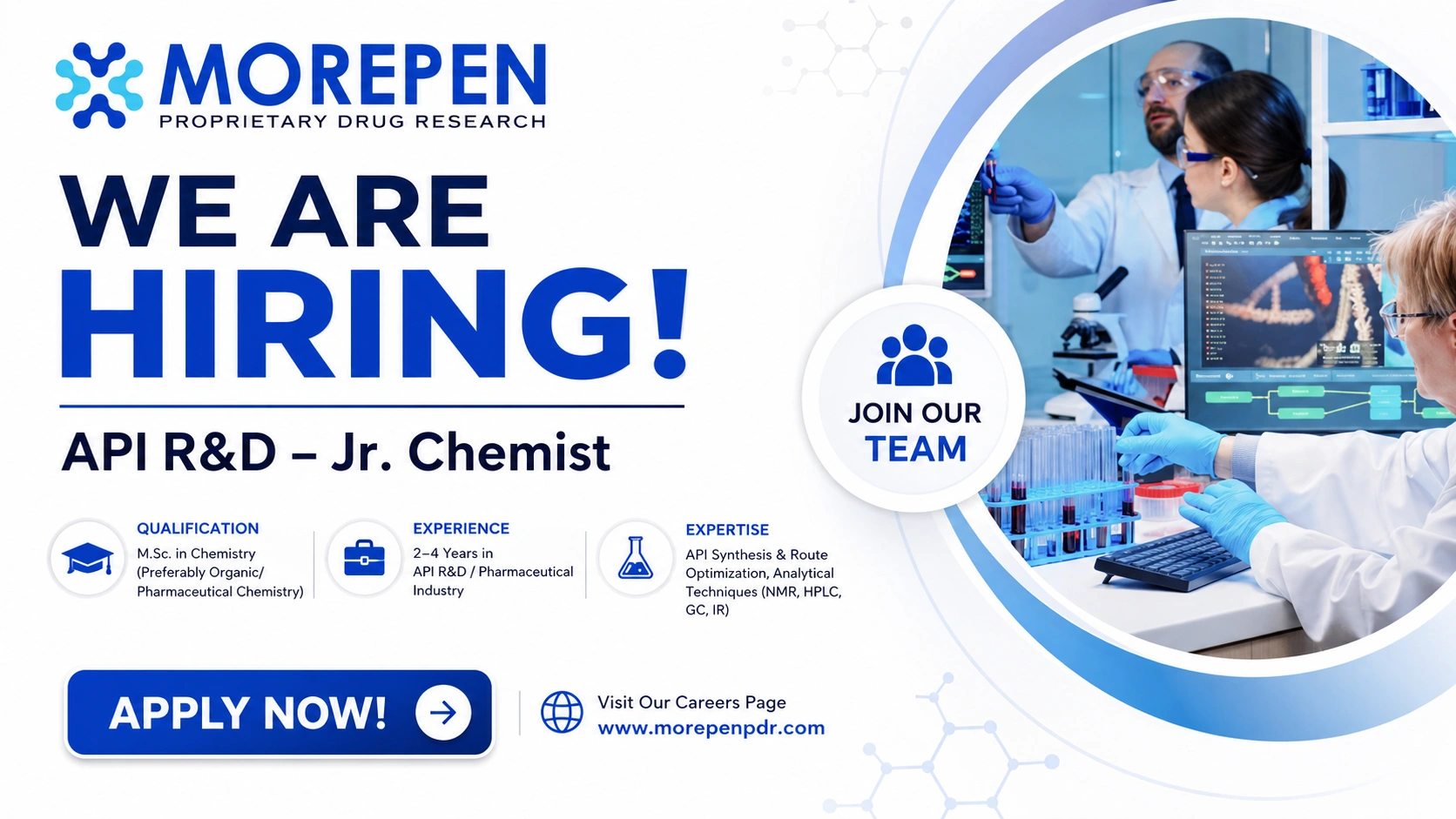 Morepen Proprietary Drug Research Hiring API R&D Jr. Chemist in Telangana