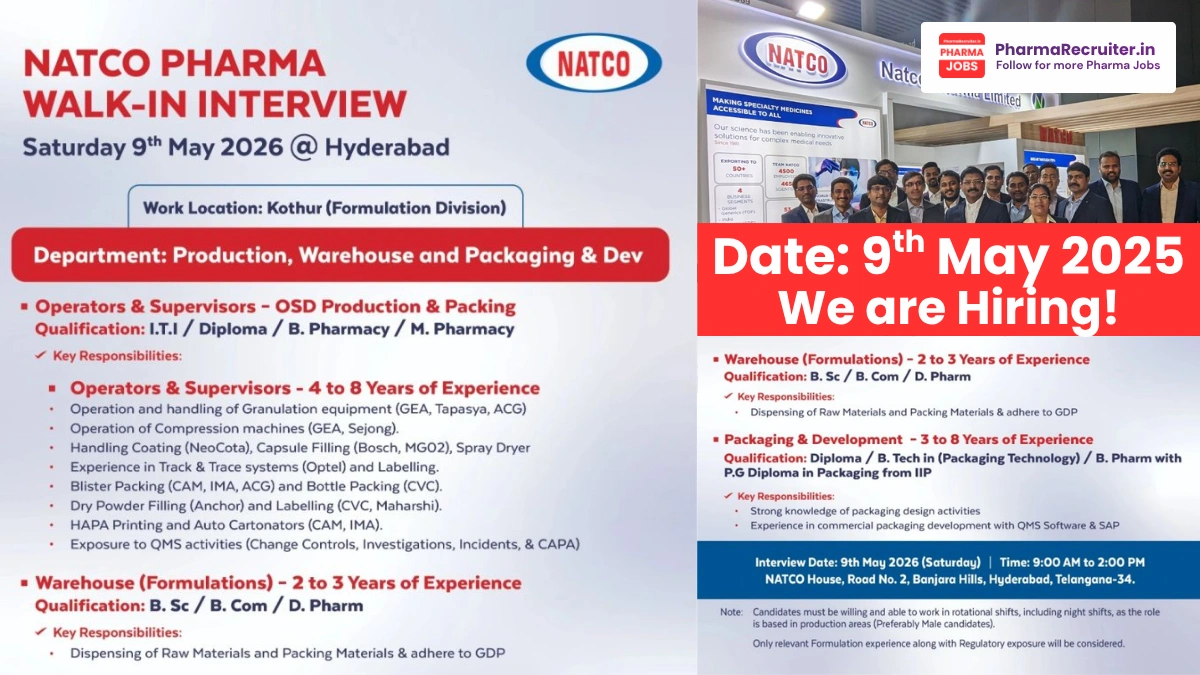 NATCO is hiring for OSD Production & Packing, Warehouse, and Packaging & Development departments.