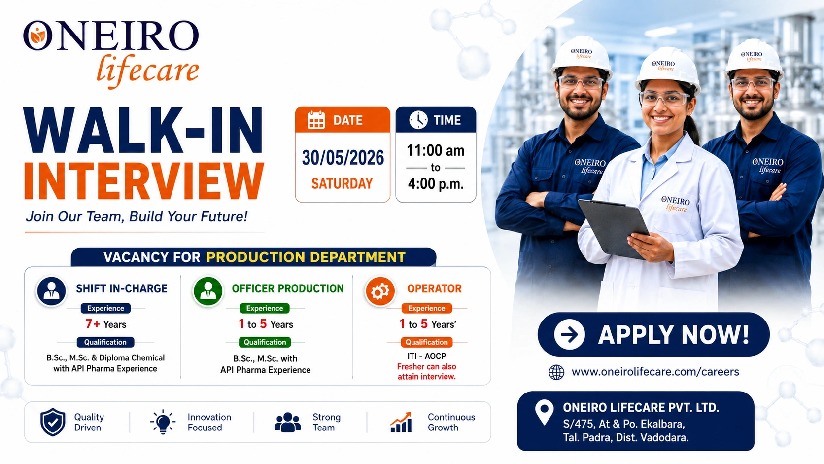NEIRO Lifecare Walk-In Interview for Production Department | API Pharma Jobs in Vadodara on 30 May 2026 (Saturday)