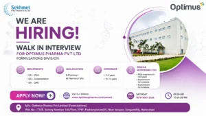 Optimus Pharma Walk-In Interview for Quality Assurance Roles | QA Pharma Jobs in Hyderabad on Saturday, 16th May 2026