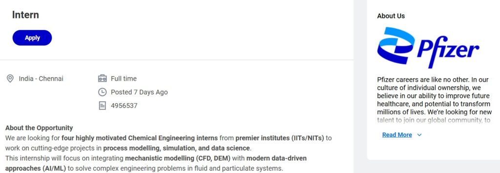 Pfizer Internship in Chennai | Chemical Engineering Intern Jobs for IIT & NIT Students