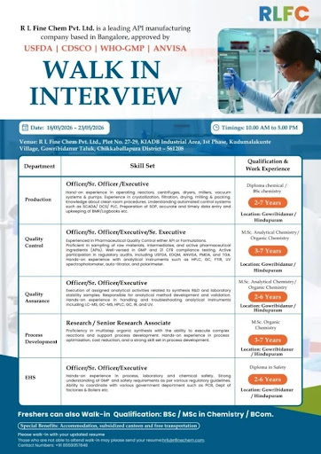 RL Fine Chem Pvt. Ltd Walk-In Interview for QA, QC, Production & Research Roles