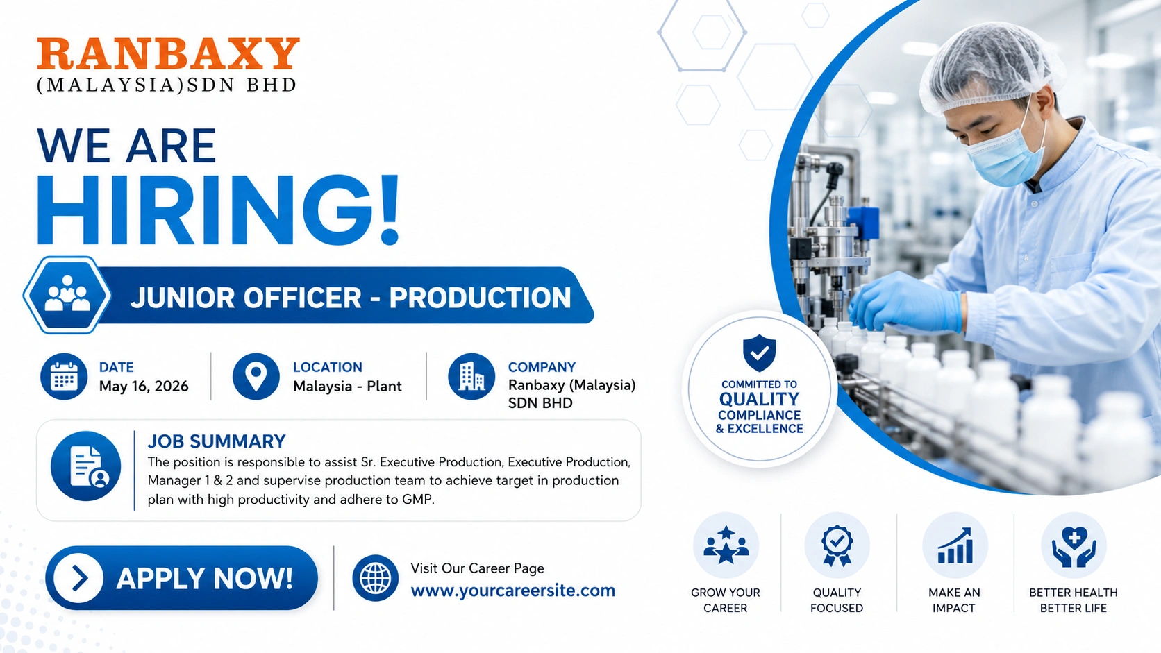Junior Officer – Production at Ranbaxy (Malaysia) SDN BHD | Pharma Production Jobs